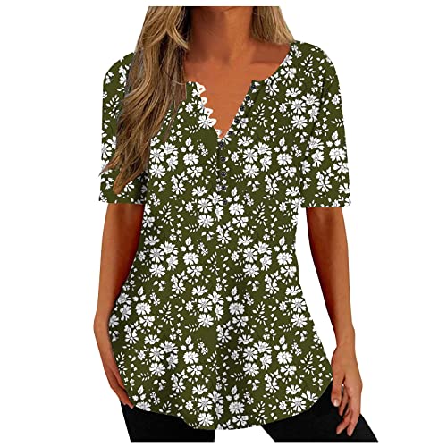 Ceboyel Women Floral Print Henley Shirts Button Down V Neck Sexy Causal Tops Short Sleeve Tunic Blouses Dressy Ladies Outfits