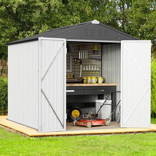 Greesum Metal Outdoor Storage Shed, Steel Utility Tool Shed Storage House with Door & Lock, Metal Sheds Outdoor Storage for Backyard Garden Patio Lawn (74' x 48'), White
