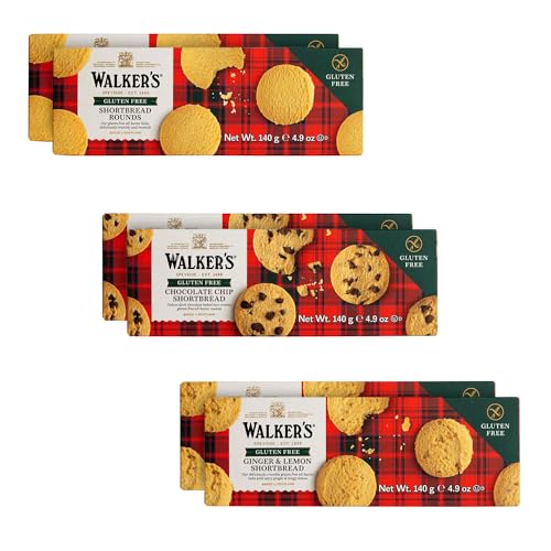 Walker's Shortbread Gluten Free Variety Pack, 2 of Each: Shortbread Rounds, Chocolate Chip, Ginger & Lemon, Pure Butter Shortbread Cookie (Pack of 6)