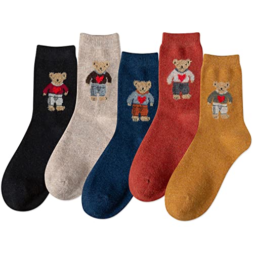 IIG Cute Warm Wool Socks for Women Super Cozy Thick Crew Winter Socks Gifts, 5 Pairs (Plush Bear- 5 Pairs)