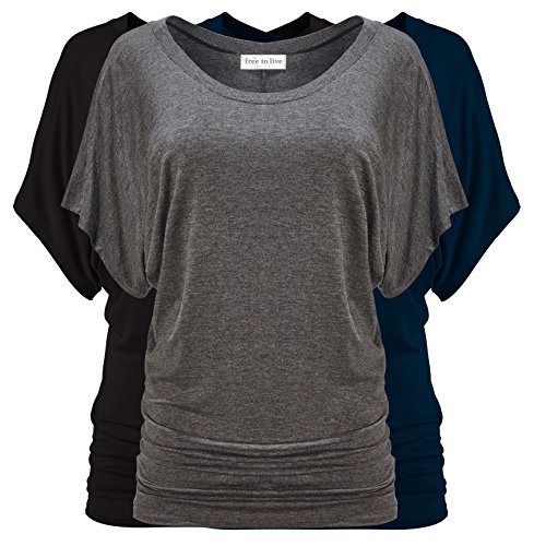 Free to Live 3 Pack Dolman Short Sleeve Business Casual Tops for Women Shirts Fall Dressy Tunic (Medium, Black, Charcoal, Navy)