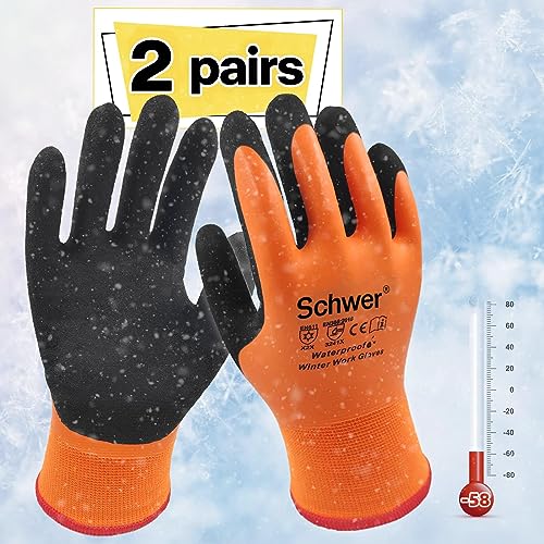 Schwer 2 Pairs Waterproof Winter Work Gloves for Men and Women, Freezer Gloves Double Coated for Outdoor Cold Weather Keep Hands Warm Below Zero, Waterproof Gloves for Shoveling Snow, Ice Fishing, L