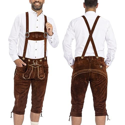 BAVARIA TRACHTEN Lederhosen Men - Genuine Leather Authentic German Lederhosen for Men - Leiderhausen for Men - German Leather Pants - Dark Brown - Kneebound (Long)