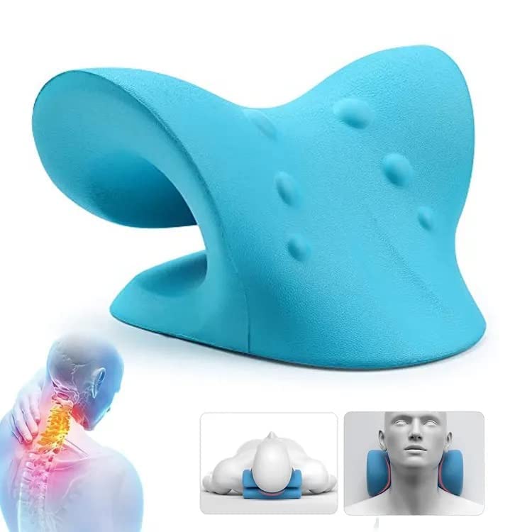 Neck Shoulder Stretcher Relaxer, FSA and HSA Eligible, Cervical Traction Device Hump Corrector, Dowagers, Tech Neck, TMJ Pain Relief, Firm Foam, Cervical Spine Alignment, Chiropractic Pillow (Blue)