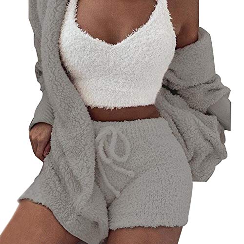 VNVNE Womens Sexy Fuzzy Warm Sherpa Fleece 3 Piece Outfit Fleece Coat Jacket Pajamas Loungewear Outwear and Spaghetti Strap Crop Top Shorts Set (grey, M)