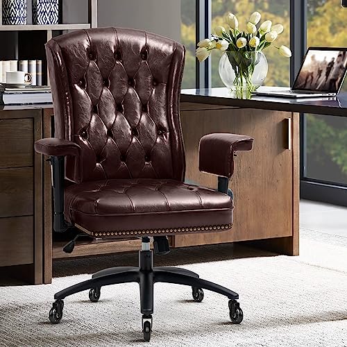 YAMASORO Ergonomic Executive Office Chair with Wheels and Arms, Tufted Back & Nailhead Trim, Home Office Desk Chairs for Home & Office, Faux Leather Swivel Work Chair,Brown