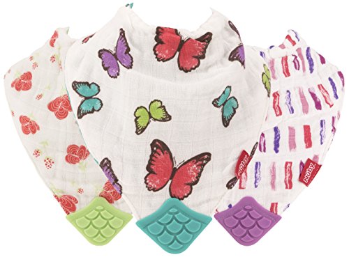 Nuby Reversible 100% Natural Cotton Muslin 3 Piece Teething Bib, Pink, Aqua, Purple, Flower, Butterfly, Stripes, Girl, 3 Count