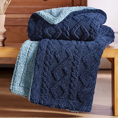 Bedsure Sherpa Blanket Twin Size - Twin Blanket Fuzzy Soft Cozy Throw for Couch, Fleece Thick Warm Blanket for Winter, Navy Fall Throw Blanket, 60x80 Inches