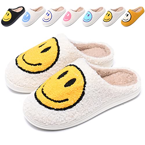 Cute Smile Face Slippers for Women and Men,Soft Plush Comfy Warm Couple Slip-On House Happy Face Slippers For Winter Indoor Outdoor Smile Slippers Non-slip Fuzzy Flat Slides White Yellow 4243