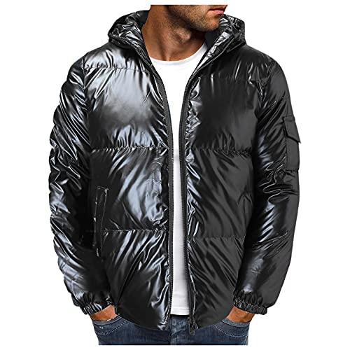 GXLONG Men's Shiny Reflective Down Jacket Winter Warm Full Zip Hooded Down Coat Padded Puffer Jacket with Pocket(Black,5X-Large)