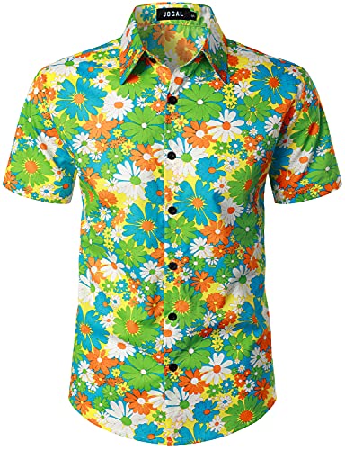 JOGAL Men's Flower Casual Short Sleeve Aloha Hawaiian Shirt (Yellow, Large)