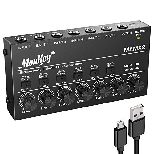 Moukey Audio Mixer Line Mixer, DC 5V, 6-Stereo Ultra, Low-Noise 6-Channel for Sub-Mixing, Ideal for Small Clubs or Bars, As Guitars, Bass, Keyboards Mixer, 2021 New Version-MAMX2