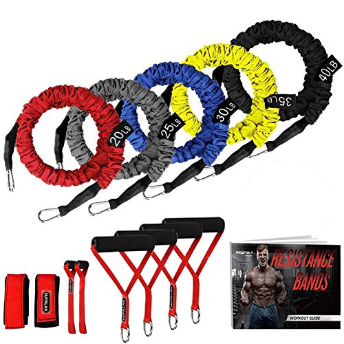 Resistance Bands, 15 Pieces Exercise Elastic Bands Set, 20lbs to 40lbs Resistance Tubes with Heavy Duty Protective Nylon Sleeves Anti-Snap for Fitness SUPALAK