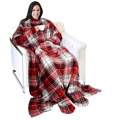 Catalonia Wearable Fleece Blanket with Sleeves and Foot Pockets for Adult Women Men, Micro Plush Comfy Wrap Sleeved Throw Blanket Robe Large, Red Plaid