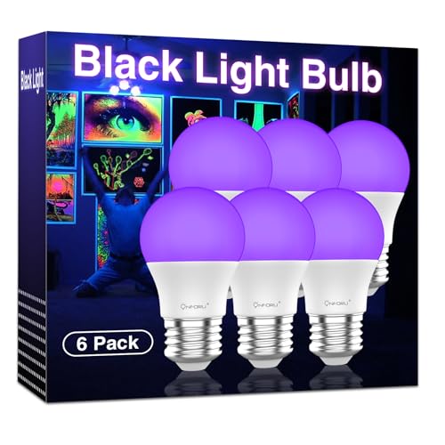 Onforu 15W LED Black Light Bulbs, A19 E26 Blacklight Bulb 120W Equivalent, Purple Bulb 385-400nm, Glow in The Dark for Halloween, Black Light Party, Body Paint, Fluorescent Poster, 6 Pack