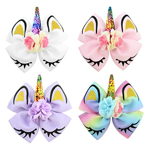 inSowni 4 Pack 6' Big Large Glitter Sequin Bow Unicorn Alligator Hair Clips Barrettes Hairbow for Baby Girls Toddlers Kids Teens
