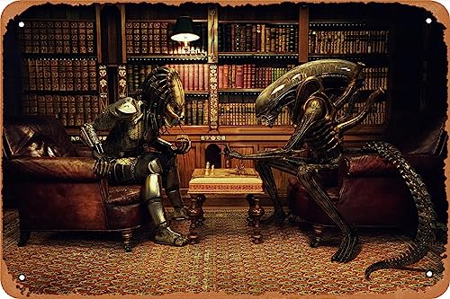 Alien Vs Predator Play Chess Fun Poster Vintage Tin Sign Retro Metal Sign for Cafe Bar Office Home Wall Decor Gift 12 X 8 inch