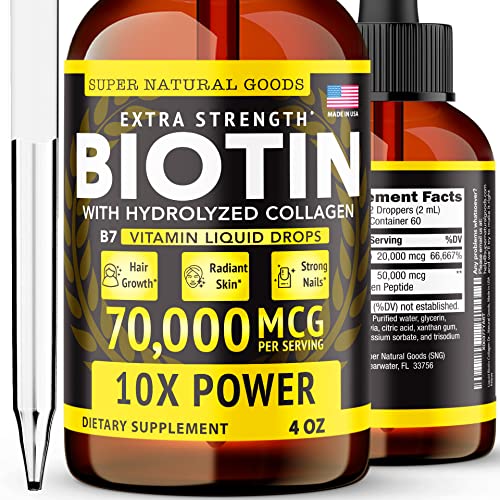 Liquid Biotin & Collagen Hair Growth Drops 70,000mcg (4oz) Supports Healthy & Radiant Skin, Strong Nails - High Potency Supplements - Vitamins for Women & Men