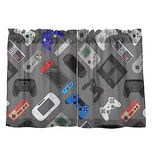 Oyihfvs Joystick Gamepads Seamless On Grey 2 Panels Kitchen Small Window Curtains, Tier Curtains Rod Pocket Half Short Curtains Blackout Cafe Drapes One Image 27x24 in