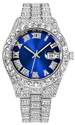 Men's Diamond Watch Fashion Crystal Rhinestone Quartz Analog Watch Iced-Out Bracelet Wrist Watch (Silver Blue)