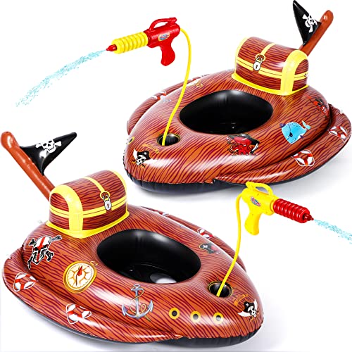 2 Pcs Inflatable Pirate Ship Pool Float with Water Gun Pirate Boat Swimming Pool Toys for Girl and Boy Inflatable Ride on Floaties Gifts for Pool, Beach, Summer Themed Party Favors, 47 x 43 Inch