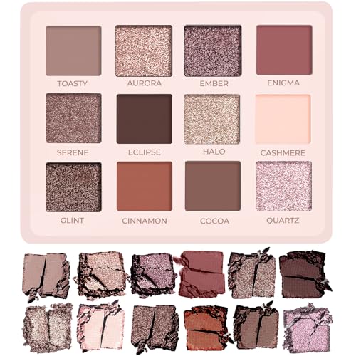 Lamora Nude Eyeshadow Palette Makeup - 12 Neutral Pigmented Matte & Shimmer Shades - Travel Size Eye Shadow With Mirror