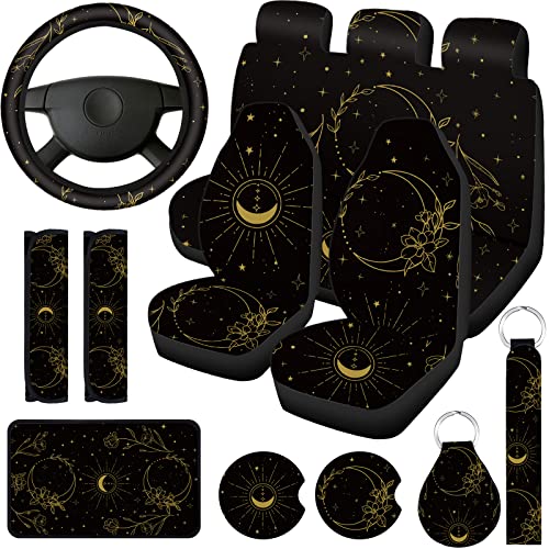Frienda 15 Pieces Moon and Stars Car Seat Cover Full Set for Women Men Upgrade Thick Car Front Seat Covers Universal Steering Wheel Cover Separate Headrest Cover Seat Belt Pads (Flower Pattern)