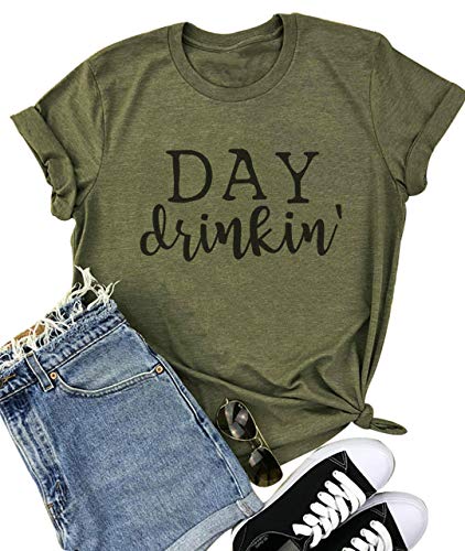 Day Drinkin' T Shirts Women Drinking All Day Letter Print Short Sleeve Funny Casual Tops Tee(Large,Army Green)