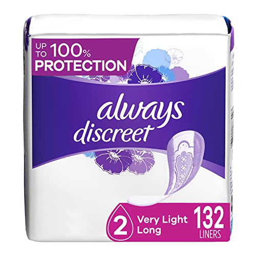 Always Discreet Adult Incontinence & Postpartum Liners For Women, Size 2, Very Light Absorbency, Long Length, 44 Count x 3 Packs (132 Count total)