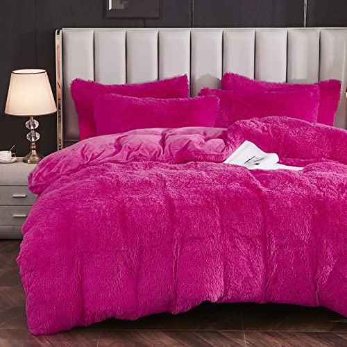 Yaoshuho Plush Fluffy Duvet Cover Queen Size Luxury Ultra Soft Shaggy Duvet Cover Set Faux Fur Comforter Bedding Set(1 Duvet Cover + 2 Pillow Shams), Hot Pink