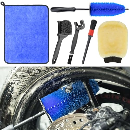 focopot Motorcycle Cleaning Kit 6 Pack with Easy Reach Brush,Tire Brush,Wool Wash Mitt,Chain Brush,Detailing Brush and Microfiber Towel for Cleaning Motorcycle Mudguard,Rims,Exhaust,Frame