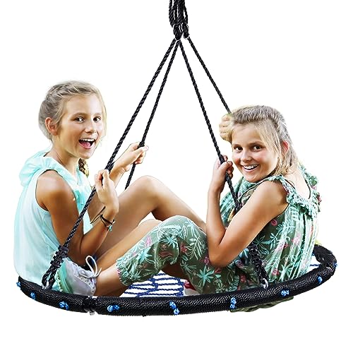 HYCLAT Saucer Tree Swing - 40”Spider Web Tree Swing Net Swing Platform Rope Round Swing 70' Detachable Nylon Rope Swivel, Max 600 Lbs Capacity, Extra Safe and Durable for Kids