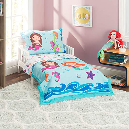 EVERYDAY KIDS 4 Piece Toddler Bedding Set -Undersea Mermaids Adventure- Includes Comforter, Flat Sheet, Fitted Sheet and Reversible Pillowcase