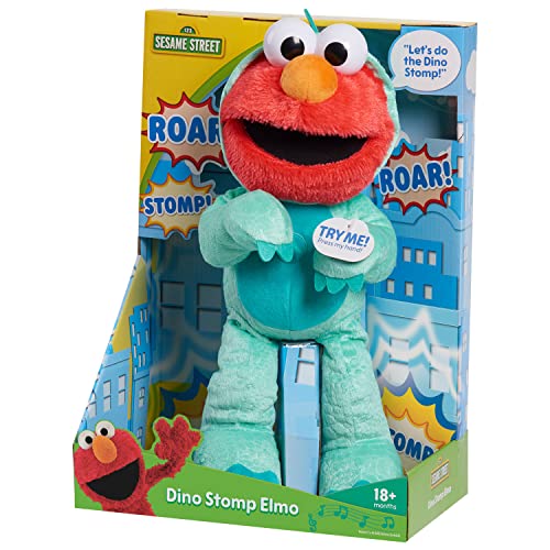 SESAME STREET Dino Stomp Elmo 13-Inch Plush Stuffed Animal Sings and Dances, Officially Licensed Kids Toys for Ages 18 Month by Just Play