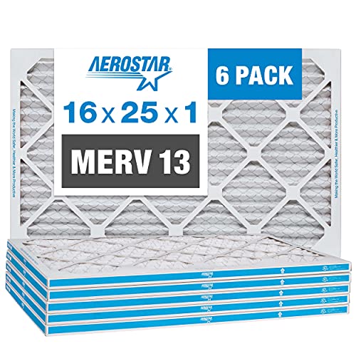 Aerostar 16x25x1 MERV 13 Pleated Air Filter, AC Furnace Air Filter, 6 Pack (Actual Size: 15 3/4' x 24 3/4' x 3/4')