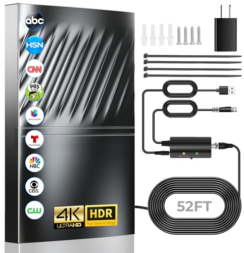 2024 Newest TV Antenna Indoor Smart Digital Up to 2000+ Miles-Amplified HD TV Antenna Outdoor for Local Channels with Amplifier and Signal Booster-52ft Coax HDTV Cable/AC Adapter-Support 8K 4K 1080p