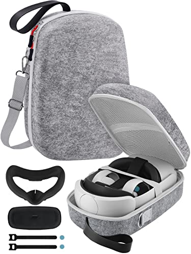 TOENNESEN Hard Carrying Case for Meta Quest 3/Oculus Quest 2 VR Headset with Official Elite Battery Strap and Touch Controllers Accessories, Lightweight for Travel and Home Storage(Grey)