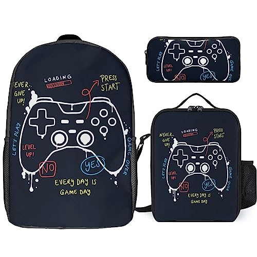 NAWFIVE Joystick Gamepad Quote Backpack And Lunch Bag,Pencil Case 3 Set Bag Lightweight Casual Daypack for Men Women Work,Travel