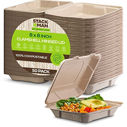 100% Compostable Clamshell Take Out Food Containers [8X8' 50-Pack] Heavy-Duty Quality to go Containers, Natural Disposable Bagasse, Eco-Friendly Biodegradable Made of Sugar Cane Fibers