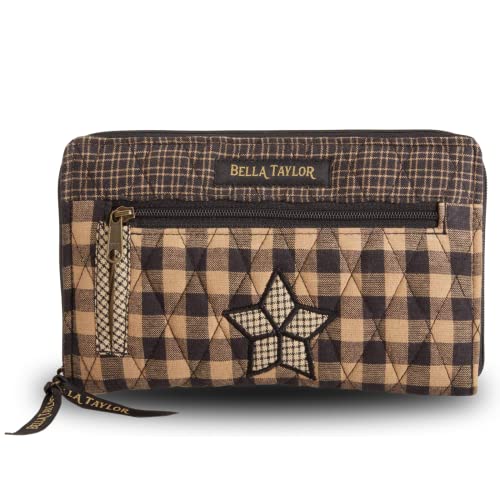 Bella Taylor Wrist Strap Wallet for Women | Multi Card Zip Around Wallet with RFID Protection and Wristlet Strap | Quilted Cotton Farmhouse Star Black and Tan Cotton Check