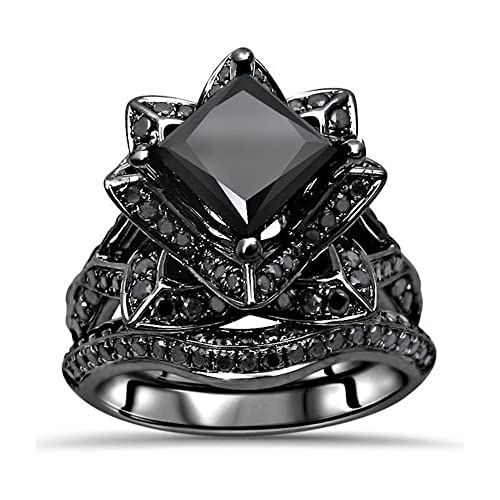 2.50Ct Princess Cut Black Diamond Lotus Flower Engagement Ring Matching Wedding Band Set Bridal Ring Set 925 Sterling Silver 14K Black Gold Over