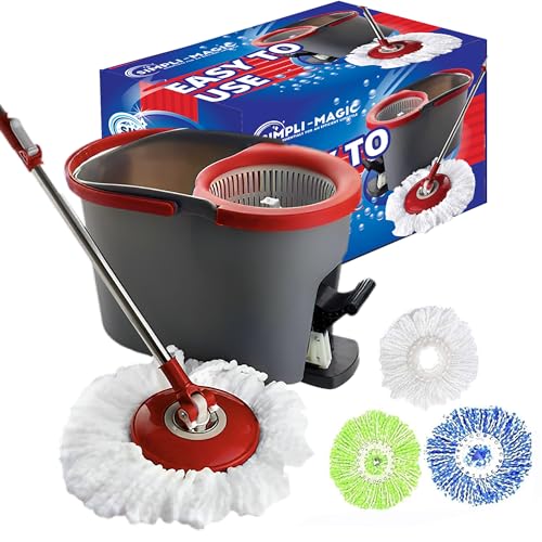 SIMPLI-MAGIC 79349 Spin Mop Cleaning System with 3 Microfiber Mop Heads, Red/GRAY,Red/Black