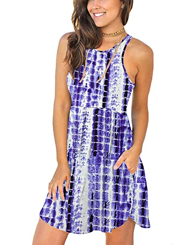 MOLERANI Women's Summer Casual Sleeveless Skater Dress Sundress with Pockets,Dye Plaid Violet,M