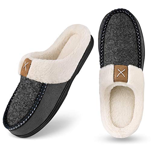 Homitem Men's Memory Foam Slippers,Fuzzy Wool-Like Plush Fleece Lined House Shoes Indoor Outdoor Slippers for men, Anti-Skid Rubber Sole Home Bedroom slippers(Size 11-12,Light Grey)