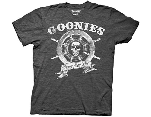 Ripple Junction The Goonies Men's Short Sleeve T-Shirt Captain's Wheel Never Say Die Quote 80's Retro Movie XL HEA. Char Heather Charcoal
