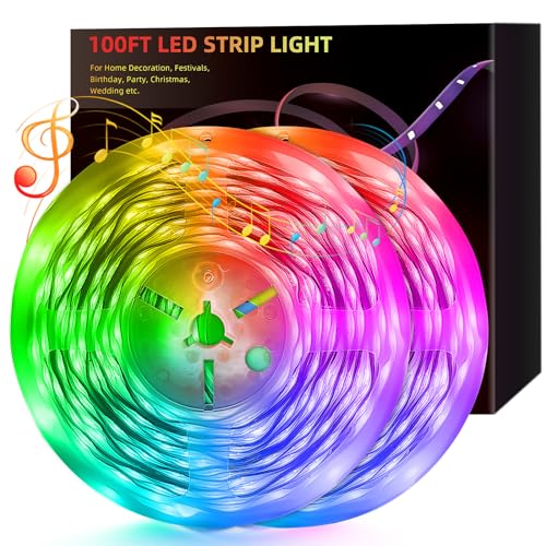 100ft Led Lights For Bedroom (2 Rolls of 50ft), Led Strip Lights Music Sync Color Changing, Led Light Strip With Remote & App Control Rgb Strip, Led Lights For Room Dorm Home Classroom Ceiling Decor