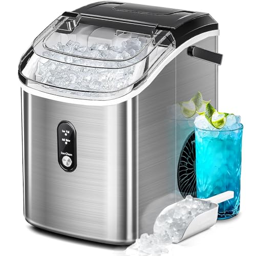 AGLUCKY Nugget Ice Maker Countertop, Portable Pebble Ice Maker Machine, 35lbs/Day Chewable Ice, Self-Cleaning, Stainless Steel, Pellet Ice Maker for Home/Kitchen/Office (Silver)