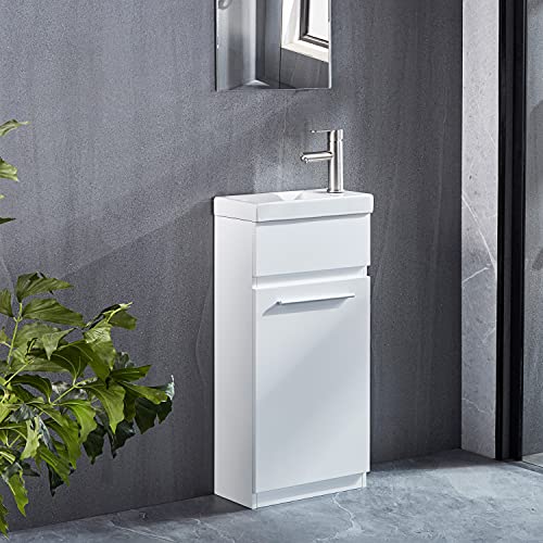 DELAVIN 16' Modern Bathroom Vanity Set with Sink, Small Bath Vanity Cabinet, Stand Sink Vanity with Ceramic Vessel Sink (Ivory White)