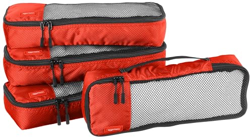 Amazon Basics 4 Piece Packing Travel Organizer Cubes Set - Slim, Red