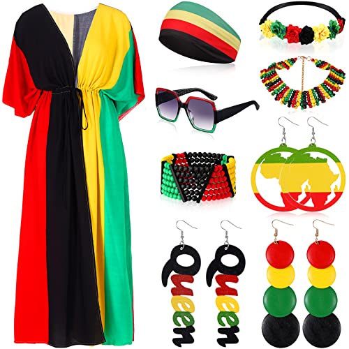 Bokon 9 Pcs Women African Jamaican Accessories Set, Cover Up Rasta Turban Earrings Bracelet Necklace Sunglasses for Juneteeth(Classic Style)